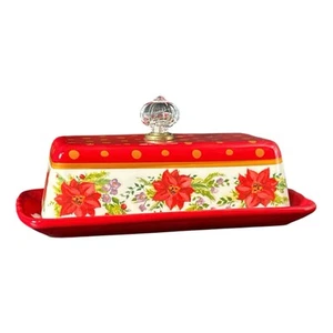RARE Pioneer Woman Holiday Cheer Butter Dish Red Christmas Poinsettias Polka Dot - Picture 1 of 8
