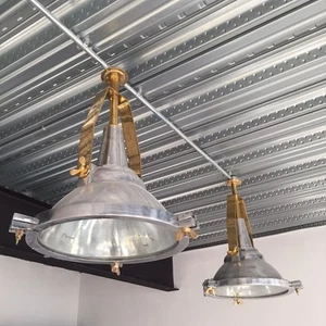 Pair Retro Vintage Ship Cargo Pendant Lights | Aluminum & Brass Nautical Ceiling - Picture 1 of 10