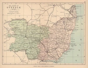 SUFFOLK. Antique county map. Railways roads canals. Constituencies. PHILIP 1885 - Picture 1 of 1