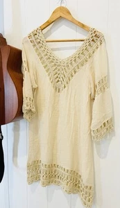BOHO Cream Crochet Macrame Beach Days Kaftan, Dress, Top From BALI One Size - Picture 1 of 3