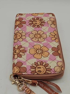 Cartera Simply Southern Cremallera Alrededor Patrón Flor Sonriente Rosa Marrón Nueva Con Etiquetas Foto 1 de 4