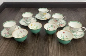 Koransha Cup Saucer 5-Piece Set Of Gold-Colored Green Flower Pattern, - Picture 1 of 9