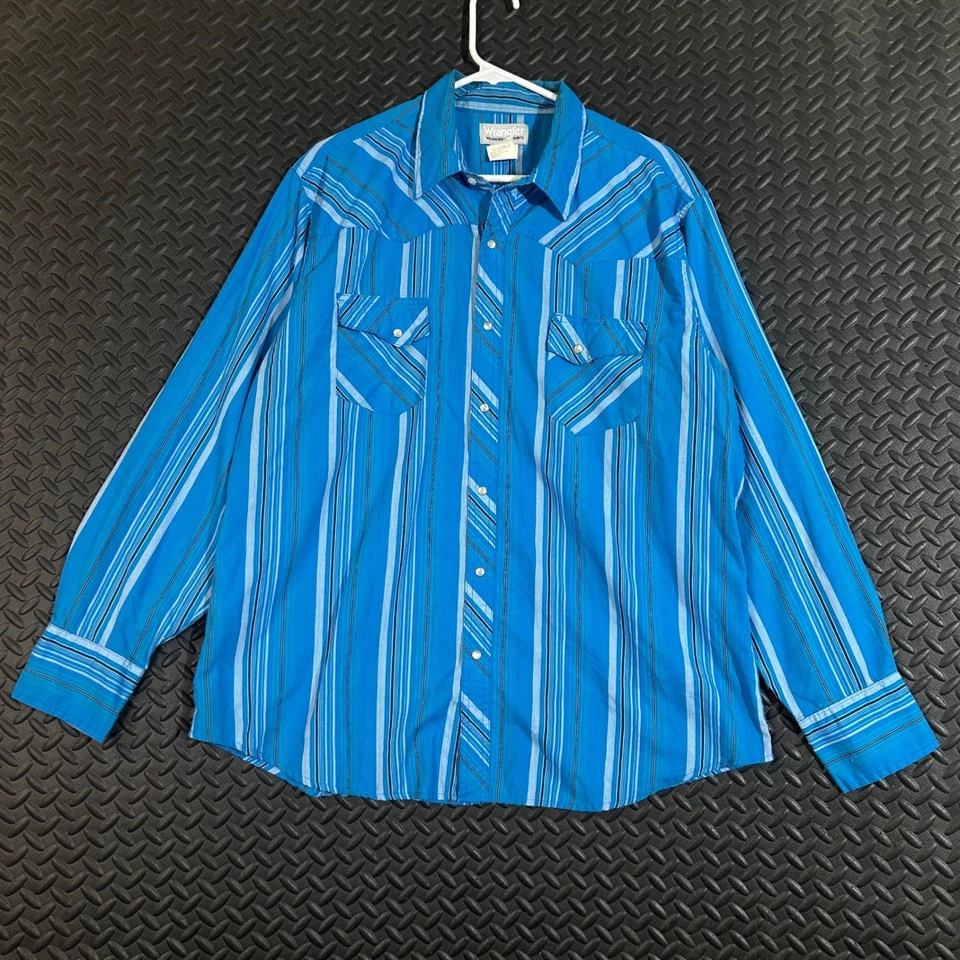 Wrangler Blue Gray Striped Pearl Snap Western Cowboy Button Up Shirt Men's XL - Image 1 of 4