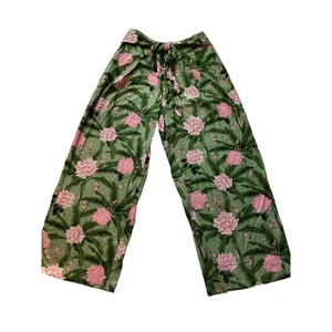 Agua Bendita Target Floral Wide Leg Pants Medium Green Pink Linen Blend - Picture 1 of 6