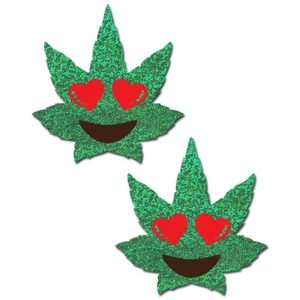 NEW PASTEASE Indica Pot Leaf Glitter Heart Eyes Weed Nipple Pasties - SALE - Picture 1 of 2