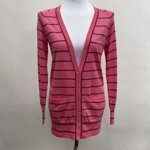 J. Crew Women's Cardigan Sweater XS Pink Striped Long Sleeve 100% Merino Wool - Picture 1 of 9