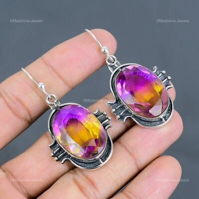 椭圆形紫水晶石钩工匠悬垂订婚妻子耳环纯银 — 第 1/4 张图片