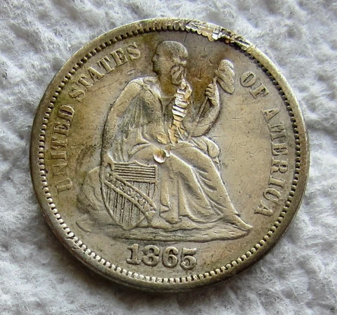 1865-S Seated Liberty Silver Dime Rare Key Date San Francisco XF Detail Damaged Cover