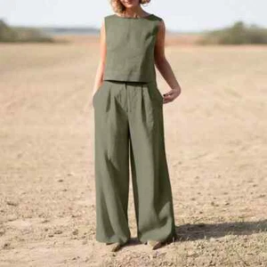 Women Crew Neck Tank Top Wide Leg Pants Sets 2 Piece Outfits Summer Sleeveless - Picture 1 of 29