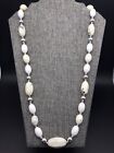 Single Strand Vintage White Bead & Faux Stone Necklace Silver Spacers 30" NICE