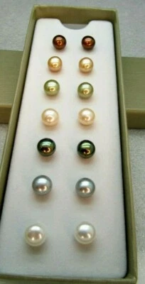 Juego de 7 pares de aretes de perlas cultivadas de agua dulce Honora de 8 mm de ley nuevos en caja Foto 1 de 4