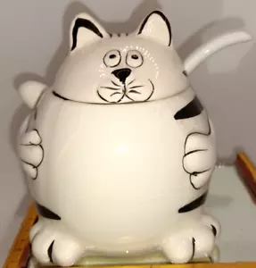 Pier 1 Fat Cat Zuckerdose schwarz & weiß & ein Keramiklöffel 3 3/4" T x 3 3/4" W - Bild 1 von 8