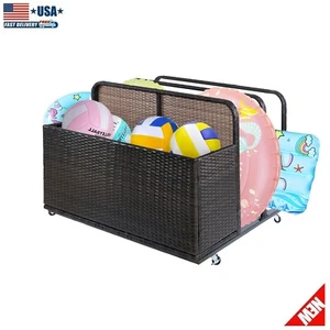 Patio Poolside Float Storage Basket PE Rattan Outdoor Pool Caddy Box With Wheels - Picture 1 of 12