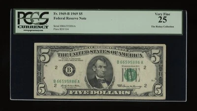 DBR 1969 $5 FRN New York Fr. 1969-B PCGS 25 Serial B66595886A - Image 1 of 2