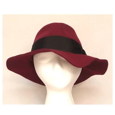 Womens Burgundy Fedora Hat Wide Brim Black Ribbon Band - Image 1 of 4
