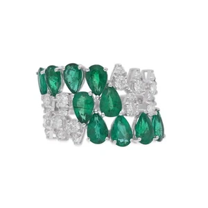 4.40 TCW Zambian Emerald Pear Lab Grown CVD Diamond Cluster Ring 14k White Gold - Picture 1 of 8