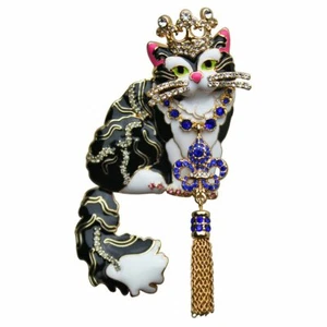 Ritzy Couture Enamel Princess Kitty Black Tuxedo Cat Pin Pendant (Goldtone) - Picture 1 of 6