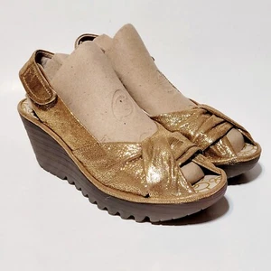 Fly London Gold Glitter Leather Sling Back Wedge Sandals Shoes Wms 40EU 9-9.5US - Picture 1 of 24