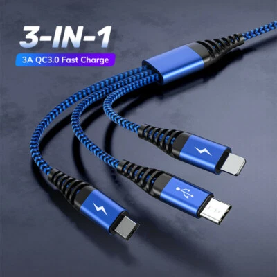 Universal 3 IN 1 Fast Charging Cable 8-Pin Micro USB Type C For iPhone - Image 1 of 4
