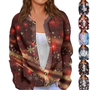Fashion Women's Christmas Print Long Sleeve Knitted Cardigan Button Jacket - Picture 1 of 33
