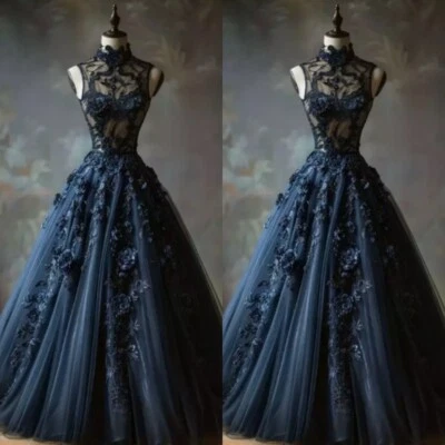 Gothic Navy Wedding Dresses Halter Off Shoulder 3D Flowers A Line Bridal Gowns - Image 1 of 4