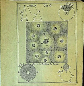 COSMOLOGÍA.Teoría de vórtices o torbellinos de Descartes, figura.Grabado s.XVIII - Picture 1 of 1