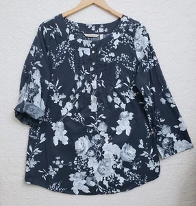Soft Surroundings Women's M 20X31 Henley Blouse Top Roll Tab Navy White Floral - Picture 1 of 9