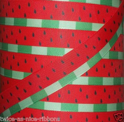 5 YARDS 7/8" SUMMER RED WATERMELON SEEDS RIND GROSGRAIN RIBBON 4 HAIRBOW BOW  - Image 1 of 2