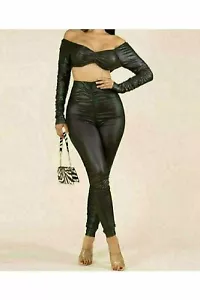 Women's Sexy 2 Piece Outfit Stretchy Bodycon Faux PU Leather Pants Set - Small - Picture 1 of 3