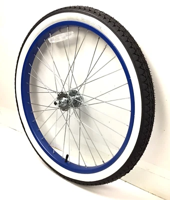 24" Bicycle Blue Front Wheel with 2.125" Whitewall Tire Beach Cruiser Bike #V58 - Image 1 of 3