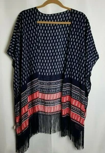 Kimono TAGLIA UNICA frange boho western blu paisley floreale spiaggia copricostume da bagno - Foto 1 di 5