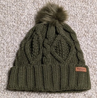 Barbour England Black Cable Knit Beanie Hat Faux Fur Pom Pom Women’s Winter Cap - Image 1 of 4