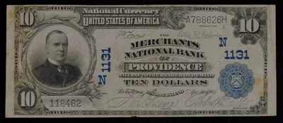 1902 Large Size PB $10 Merchants NB Providence RI #1131 VF Cut & Stains C2880 - Image 1 of 2