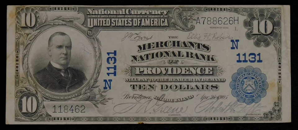 1902 Large Size PB $10 Merchants NB Providence RI #1131 VF Cut & Stains C2880 - Image 1 of 2