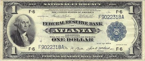 1918 $1 Large Size Federal Reserve Bank Note, Atlanta, Circulated - Picture 1 of 2