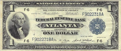 1918 $1 Large Size Federal Reserve Bank Note, Atlanta, Circulated - Image 1 of 2