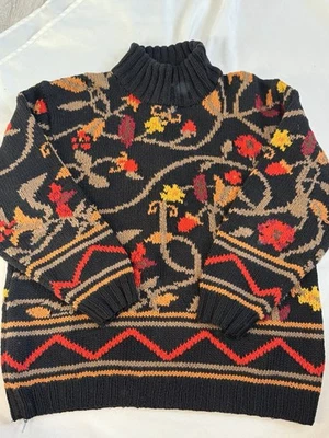 复古 IZOD 手工针织毛衣 S 码黑色花卉拉米棉 80 年代风格 — 第 1/4 张图片