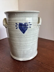 Signed Owens 95 TS Pottery Seagrove NC Blue Heart Gray Glaze Crock Flower Vase - Picture 1 of 8