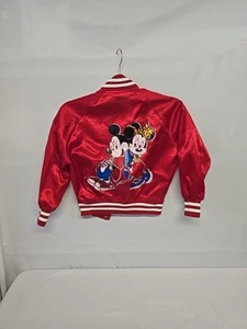 VINTAGE DISNEY MICKEY & MINNIE RED SATIN BOMBER JACKET YOUTH 6-8 KIDS RARE 1980s - Picture 1 of 4