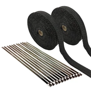BLACK MANIFOLD PIPE EXHAUST WRAP TAPE 2 ROLLS 1 X 50 FEET & STAINLESS LOCK TIES - Picture 1 of 3