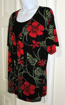 Impressions Imitación-2 Piezas Rojo-Floral sobre Negro Top Tejido Líquido Manga Corta Wm L Foto 1 de 4