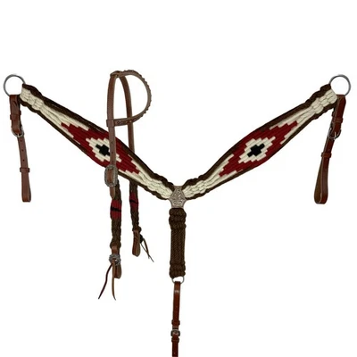 Showman Red, White & Brown Corded Single Ear Headstall & Breast Collar Set - Image 1 of 3