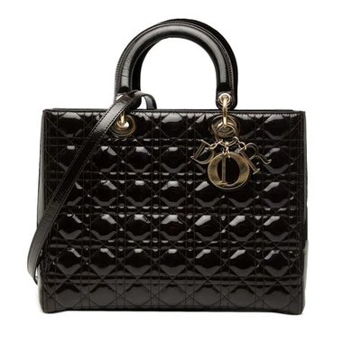 Cartera de cuero oscuro marrón auténtico Dior grande charol Cannage dama Dior Foto 1 de 4