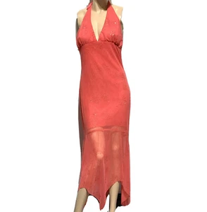VTG Jessica McClintock Gunne Sax Size 9 Halter Maxi Dress Gown Sparkly Coral - Picture 1 of 11