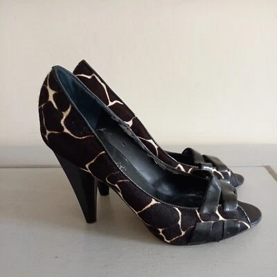 Nine West Black & Cream Animal Print Peep Toe Heel Court Shoes Smart UK5 EU38 - Image 1 of 4