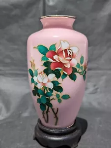 Einzigartige rosa japanische Sato Cloisonne Emaille Vase mit Rosen Showa Ära markiert - Bild 1 von 12
