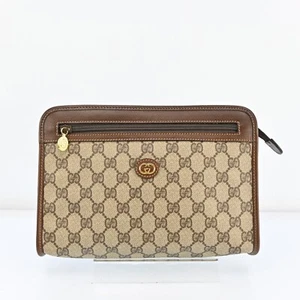 GUCCI Old Gucci Leather PVC Brown Beige Clutch bag P4537G706 - Picture 1 of 21