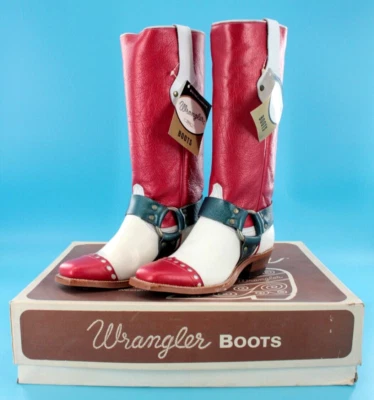 De Colección Mujeres Años 70 Nuevo de Lote Antiguo Rojo Blanco Azul Cuero Wrangler Arnés Botas 6 M Años 70 Con Caja Foto 1 de 4
