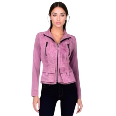 Chaqueta de moto Ideology Berlin de cuero gamuza rosa para mujer talla XS Foto 1 de 4