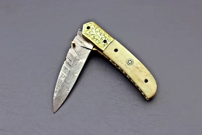 CUSTOM HAND MADE LEAF DAMASCUS BLADE FOLDING POCKET HUNTING KNIFE With Sheath - Image 1 of 4
